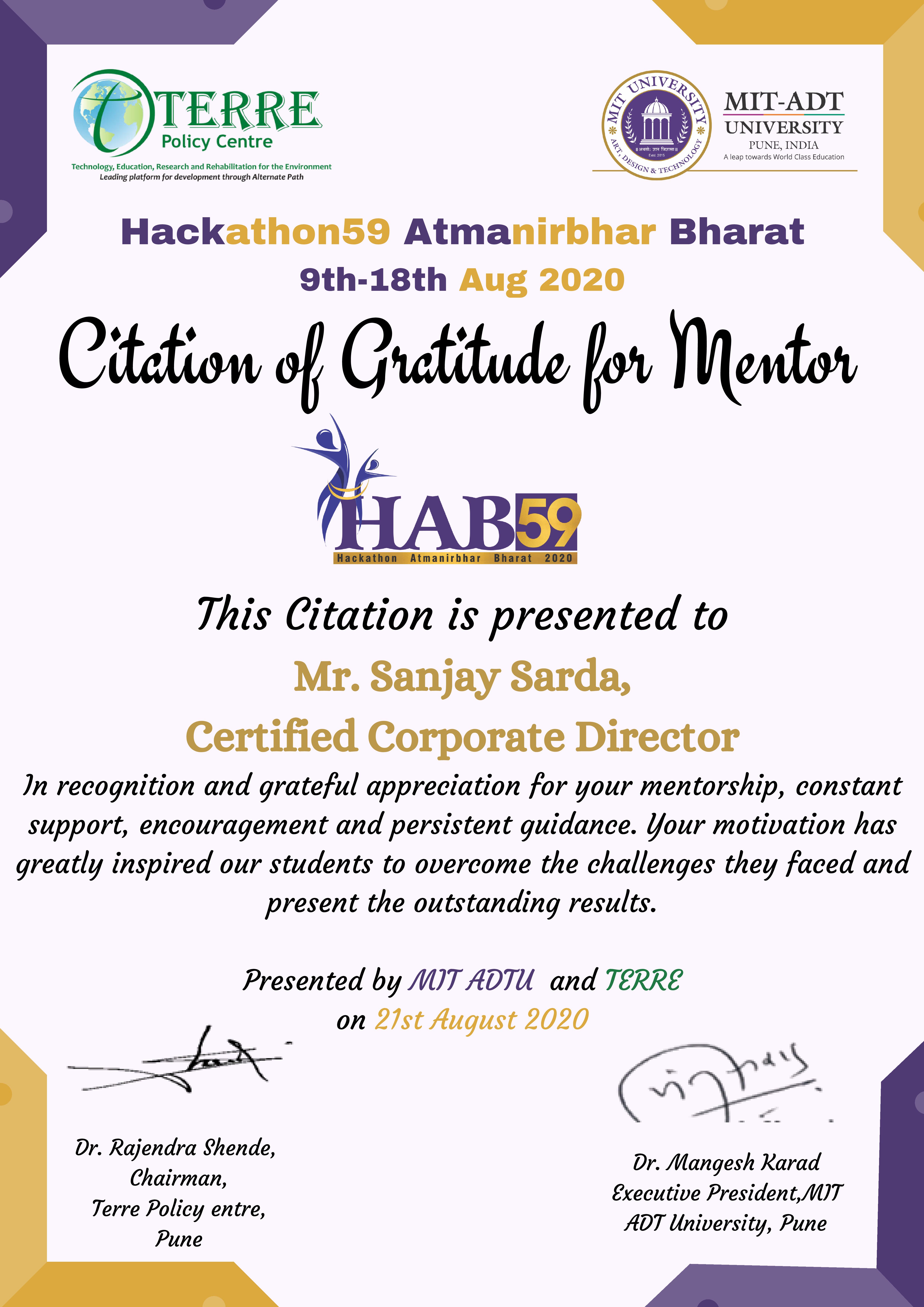 Hackathon MIT ADT Pune Certificate