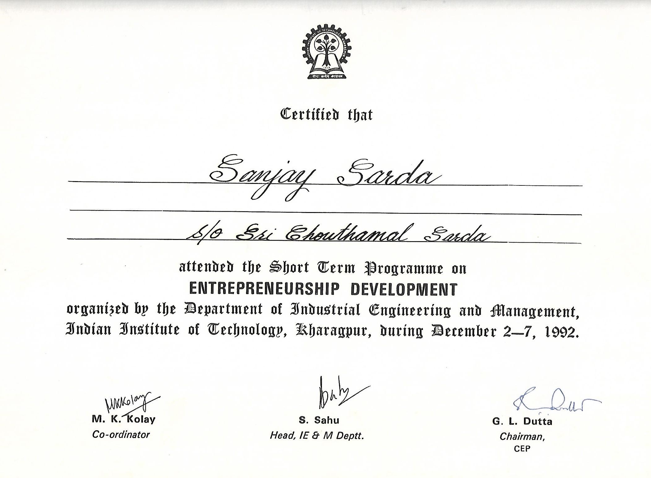 IIT Kharagpur Entrepreneurship Certificate
