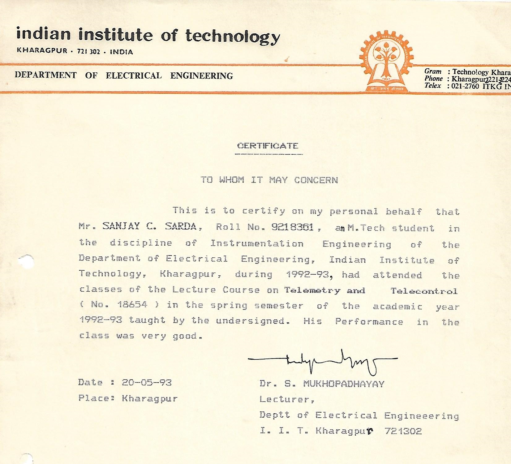 IIT Kharagpur Telemetry Certificate