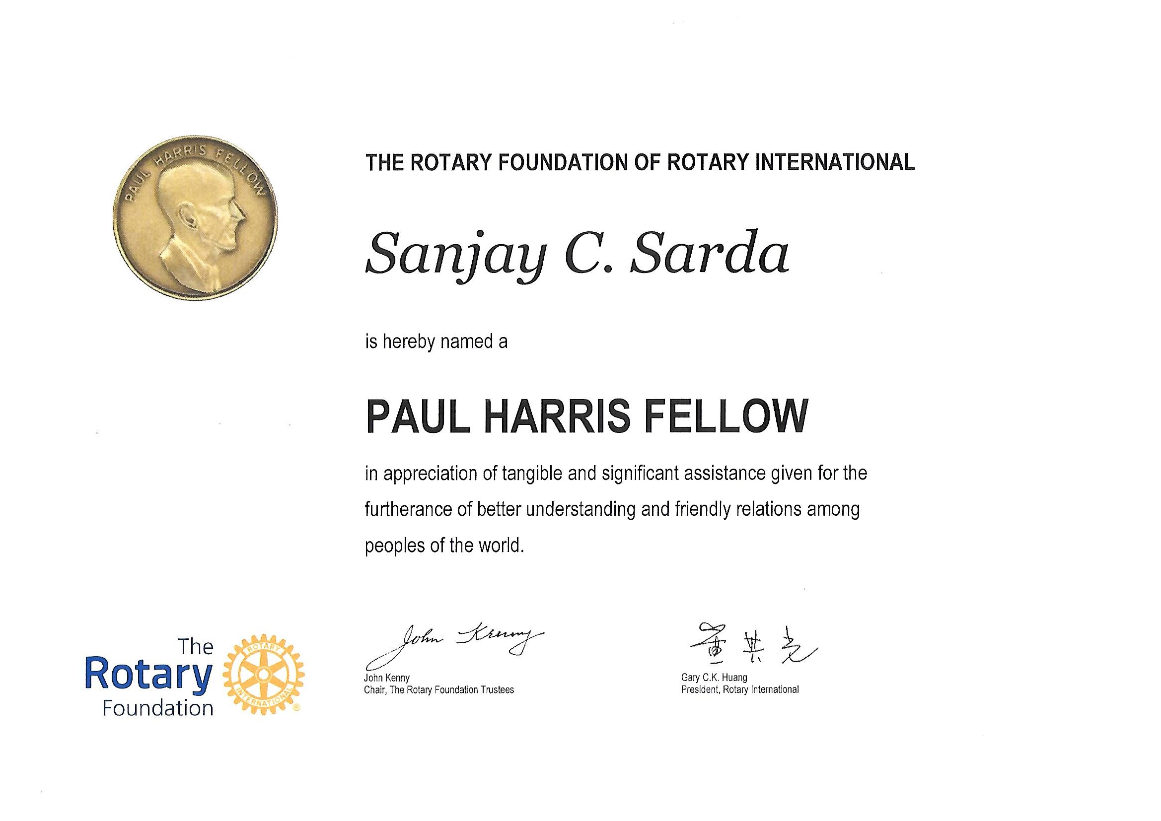 Rotary Paul Harris Fellow Certificate